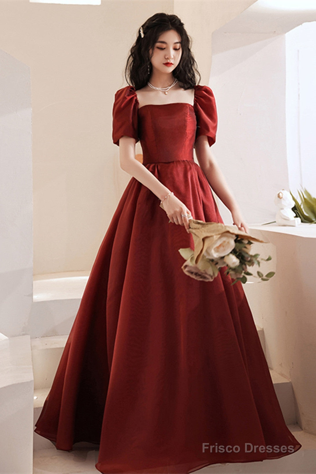 Lovely Wine Red Short Sleeves Organza Party Dress, A-Line Wine Red Prom Dress Secondary image