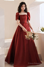 Lovely Wine Red Short Sleeves Organza Party Dress, A-Line Wine Red Prom Dress