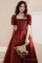 Lovely Wine Red Short Sleeves Organza Party Dress, A-Line Wine Red Prom Dress