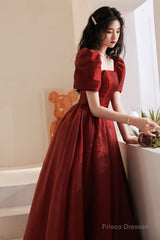 Lovely Wine Red Short Sleeves Organza Party Dress, A-Line Wine Red Prom Dress