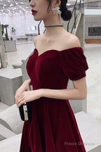 Lovely Wine Red Short Sleeves Velvet Homecoming Dress, Burgundy Prom Dress Formal Dress