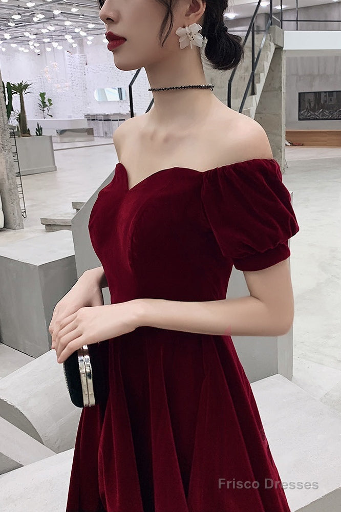 Lovely Wine Red Short Sleeves Velvet Homecoming Dress, Burgundy Prom Dress Formal Dress