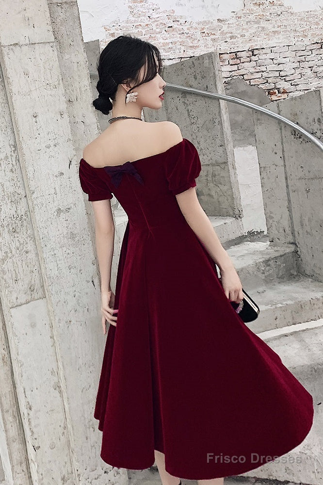Lovely Wine Red Short Sleeves Velvet Homecoming Dress, Burgundy Prom Dress Formal Dress