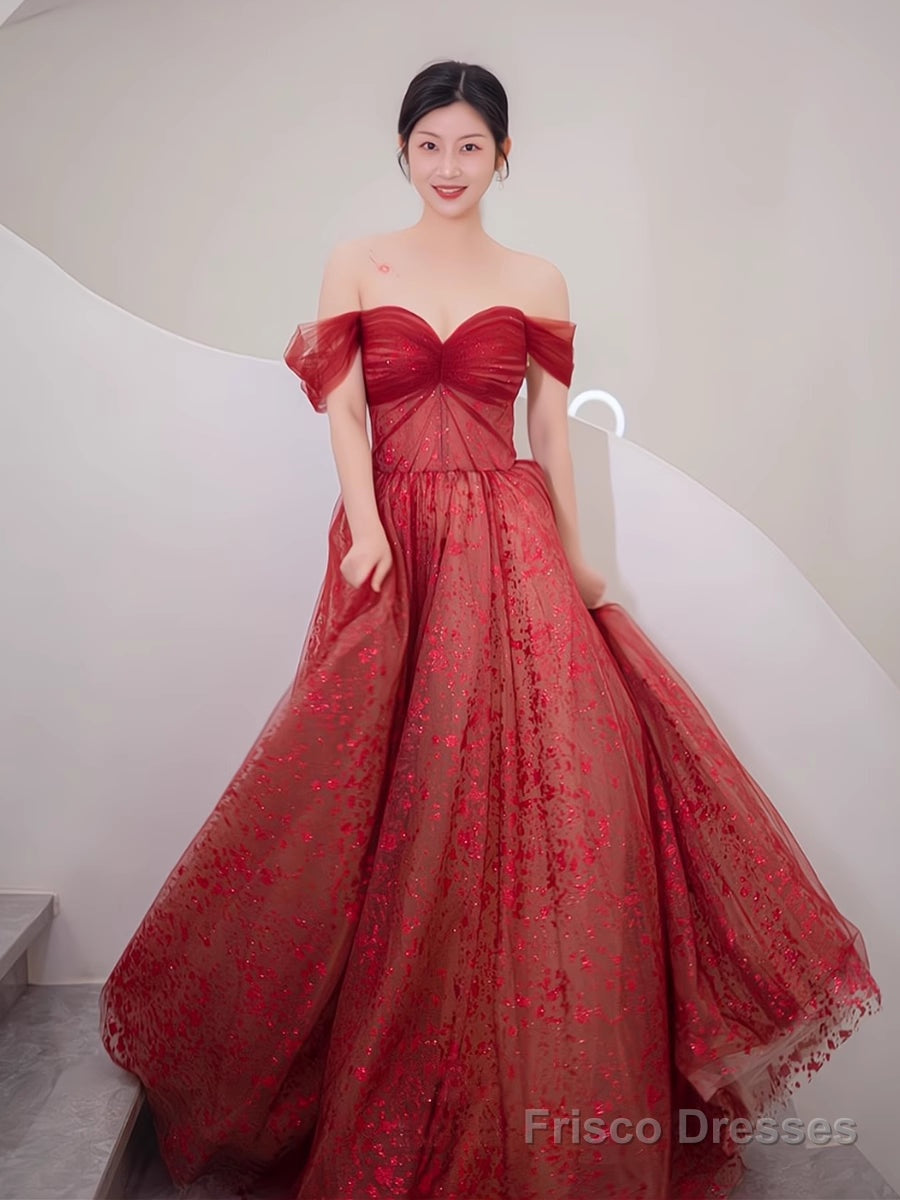 Lovely Wine Red Tulle Sweetheart Long Formal Dress, Off Shoulder Wine Red Prom Dress Main image