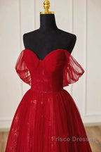 Lovely Wine Red Tulle Sweetheart Off Shoulder Formal Prom Dress, Wine Red Long Party Dress
