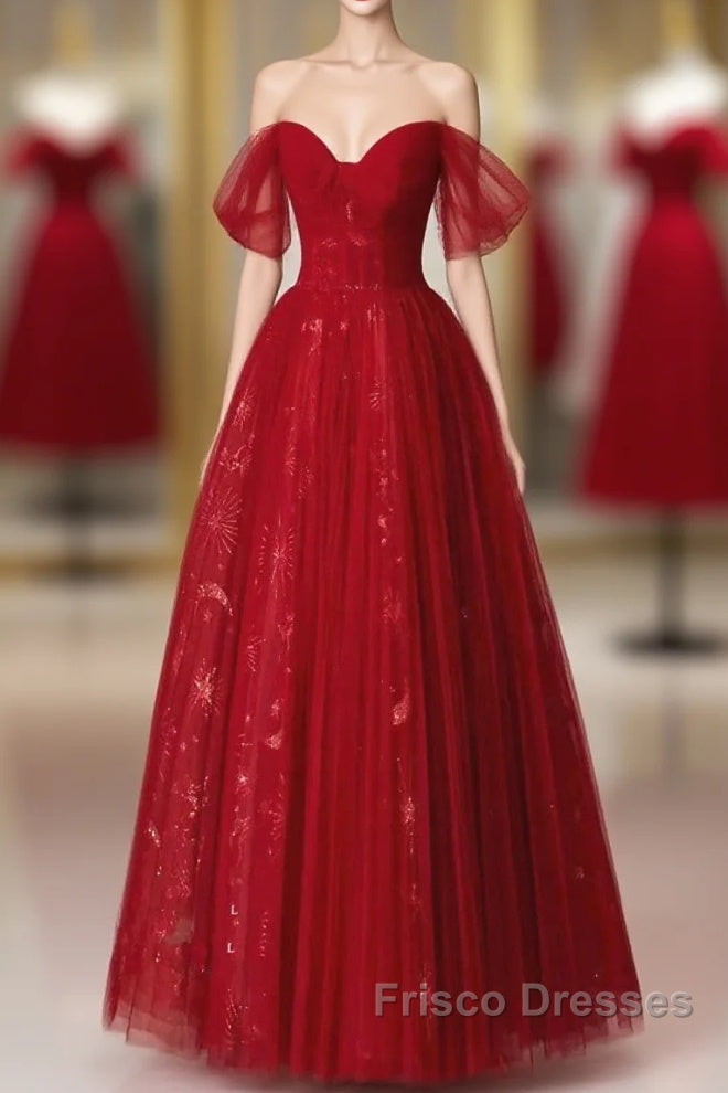 Lovely Wine Red Tulle Sweetheart Off Shoulder Formal Prom Dress, Wine Red Long Party Dress Main image