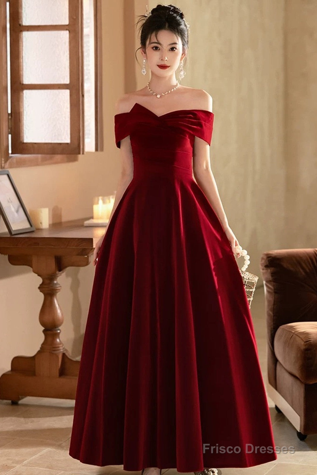Lovely Wine Red Velvet A-Line Off Shoulder Party Dress, Wine Red Velvet Prom Dress