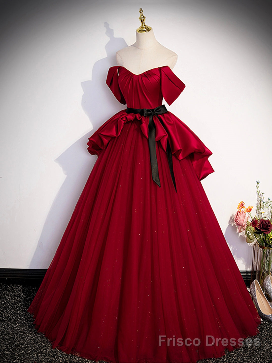 Burgundy Sweetheart Neck Formal Dress, A-Line Tulle Floor Length Prom Dress Main image