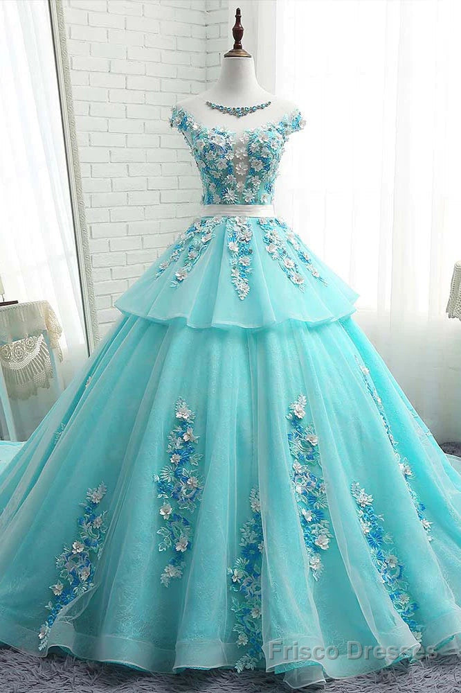 Lovey Blue Layers Ball Gown Tulle with Flowers Sweet 16 Gown, Blue Formal Dresses Main image