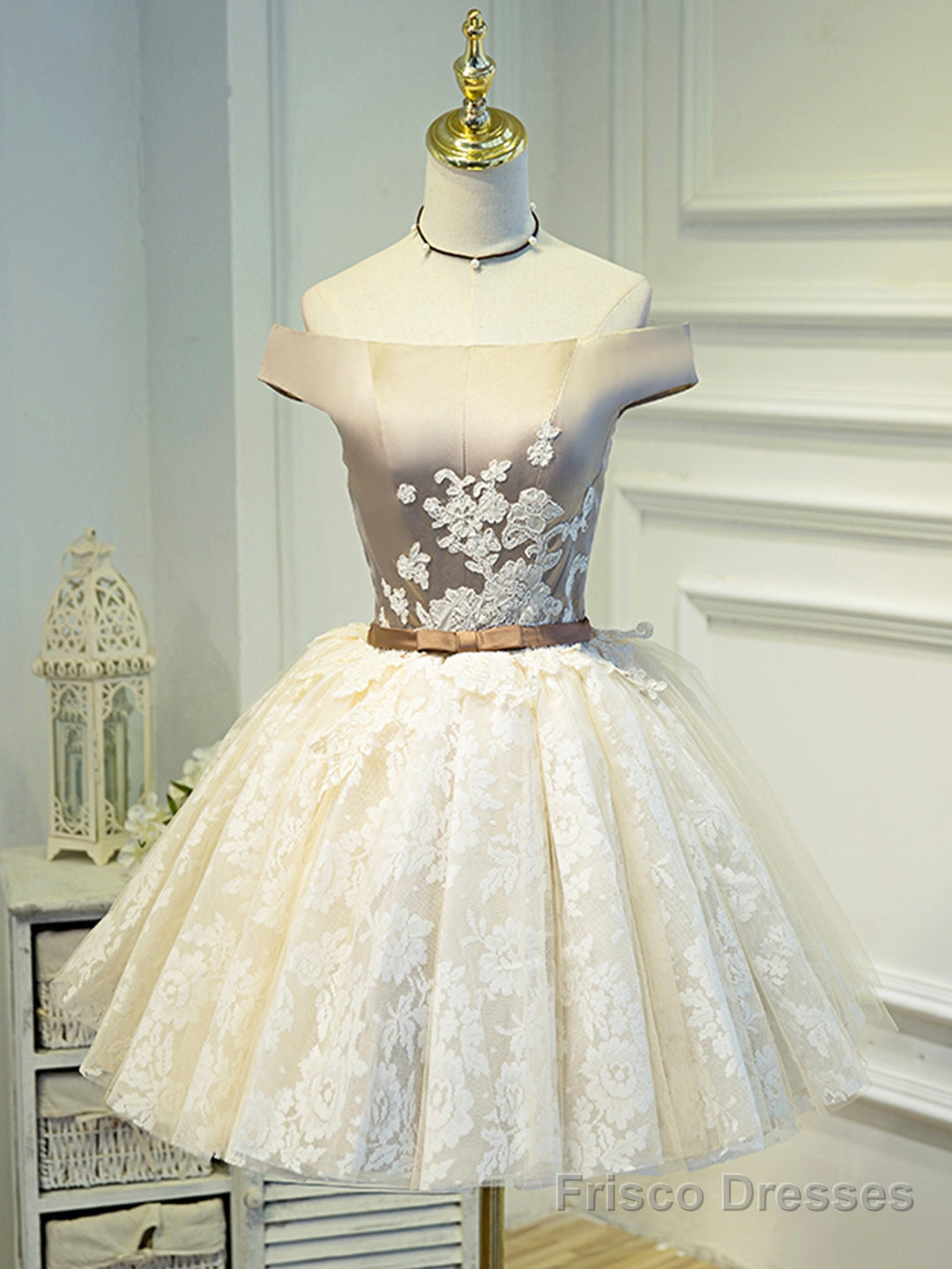 Champagne Tea Length Lace Party Dress, Off the Shoulder Evening Dress Main image