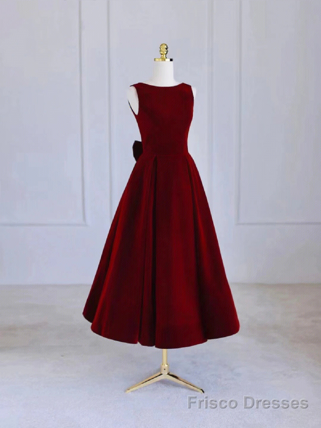 Burgundy Tea Length Velvet Prom Dress with Bowknot,  Burgundy Evening Party Dress Main image
