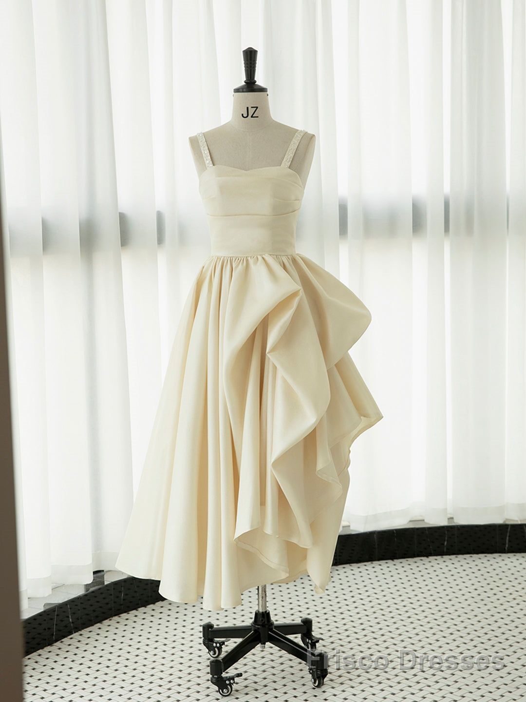Irregular Champagne Tea Length Prom Dress, Simple A-Line Evening Party Dress Main image
