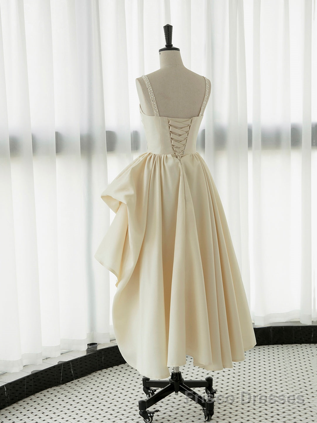 Irregular Champagne Tea Length Prom Dress, Simple A-Line Evening Party Dress Secondary image