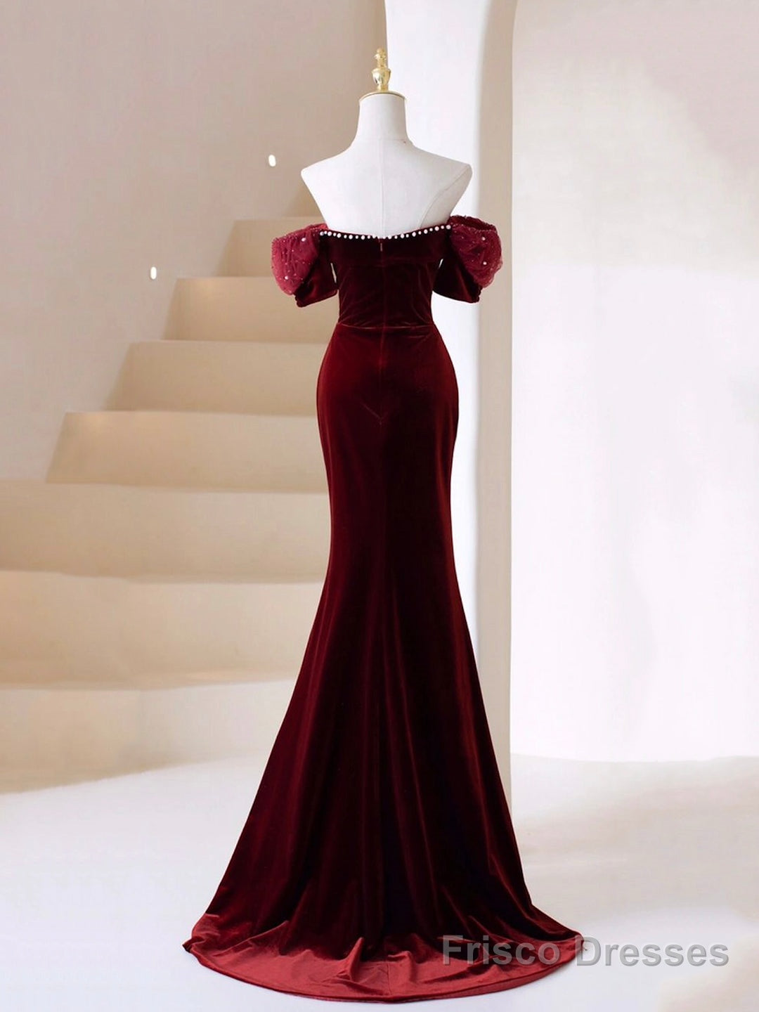 Burgundy Velvet Long Prom Dress, Mermaid Off Shoulder Evening Party Dress Secondary image