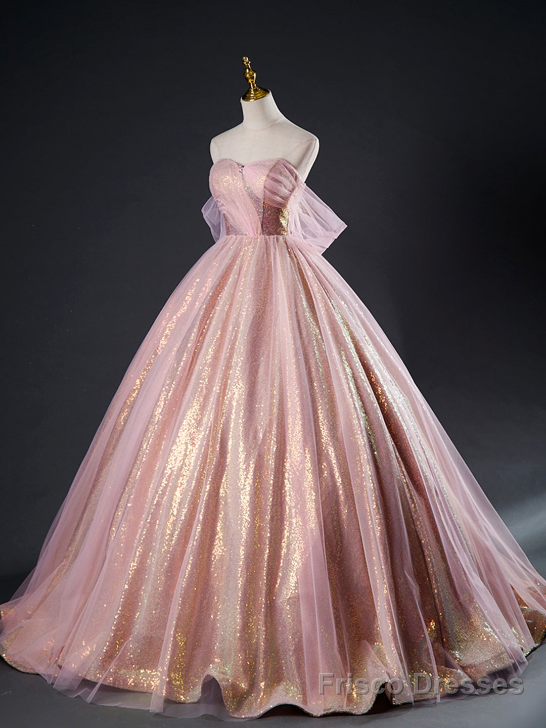Pink Tulle Sequins Long Prom Dress, Beautiful A-Line Formal Dress Sweet 16 Dress Secondary image