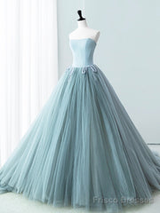 Blue Satin Tulle Long Prom Dress, Lovely Strapless Evening Dress