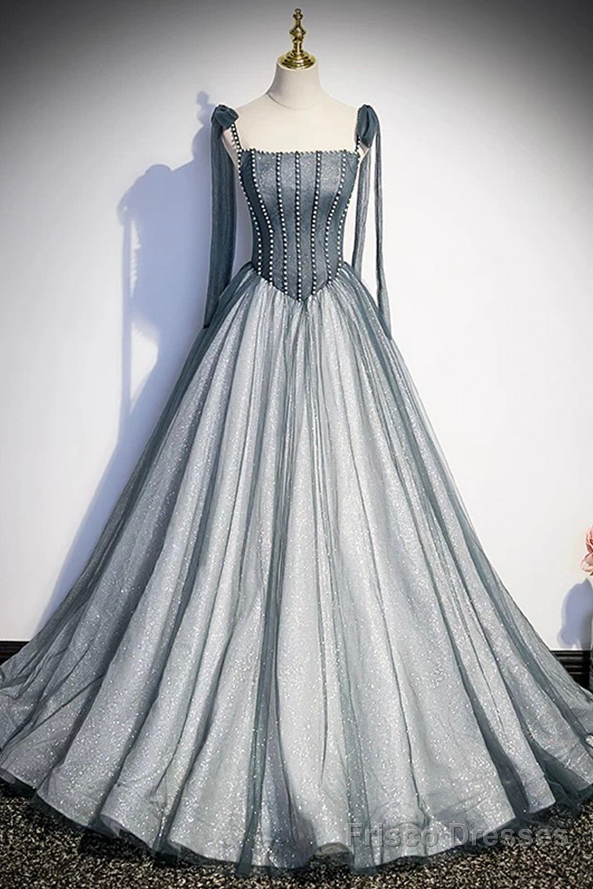 Gray Spaghetti Straps Long A-Line Prom Dress, Gray Evening Dress with Beaded Main image
