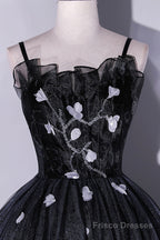 Black Tulle Long A-Line Evening Gown, Black Spaghetti Strap Evening Gown