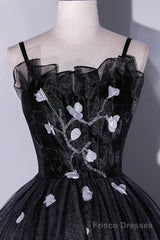 Black Tulle Long A-Line Evening Gown, Black Spaghetti Strap Evening Gown