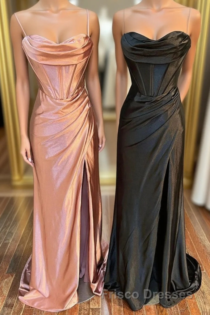 Simple Satin Long Mermaid Formal Prom Dress, Spaghetti Straps Party Dress with Slit