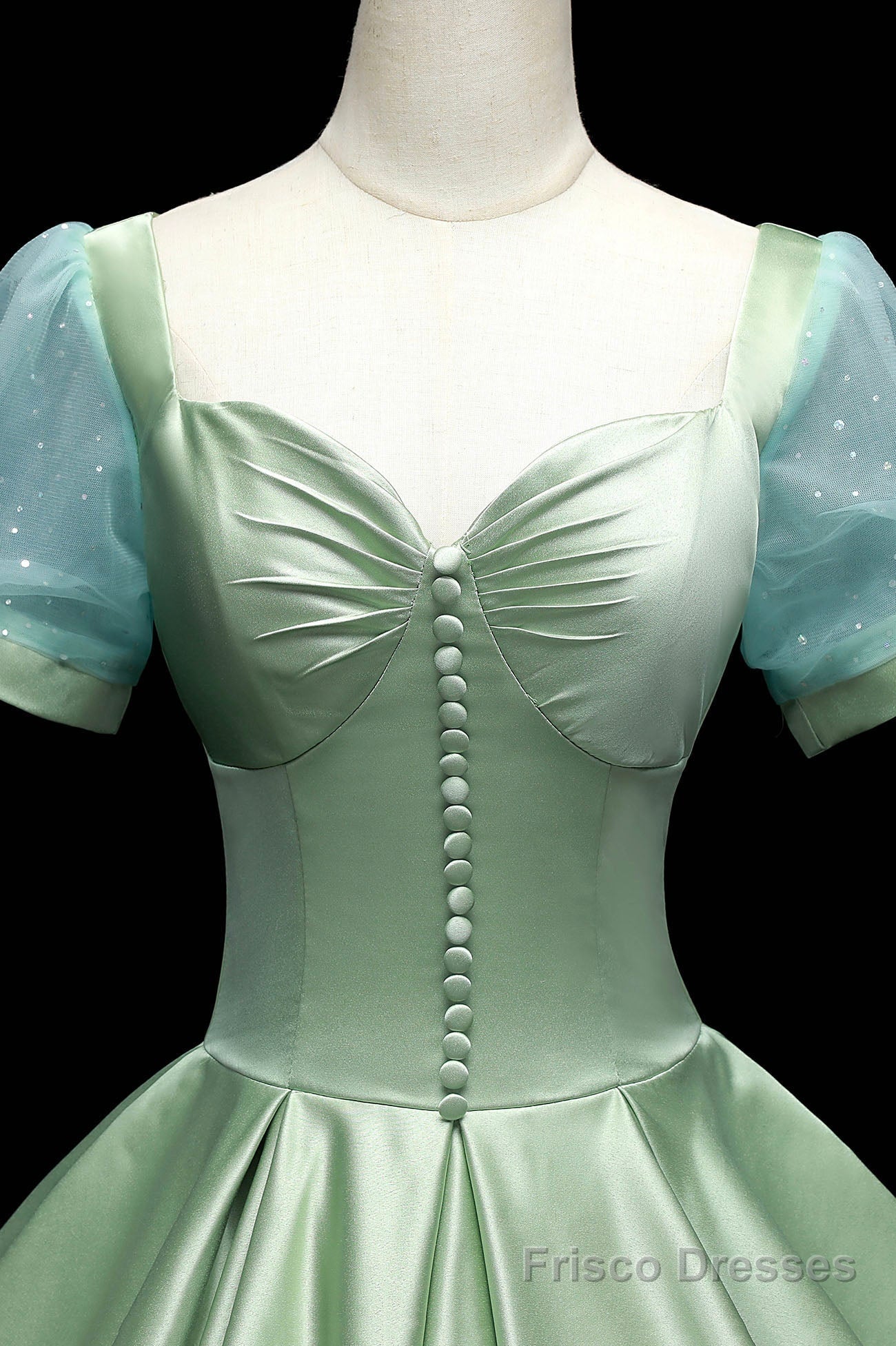 Green Satin Long A-Line Ball Gown, Green Short Sleeve Evening Gown Secondary image