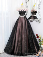 Black Tulle and Pink Flowers Party Dress, Black  Off Shoulder Sweet 16 Dress