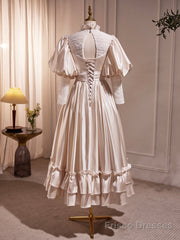 Champagne Satin Lace Long Sleeve Prom Dress, Champagne Evening Party Dress