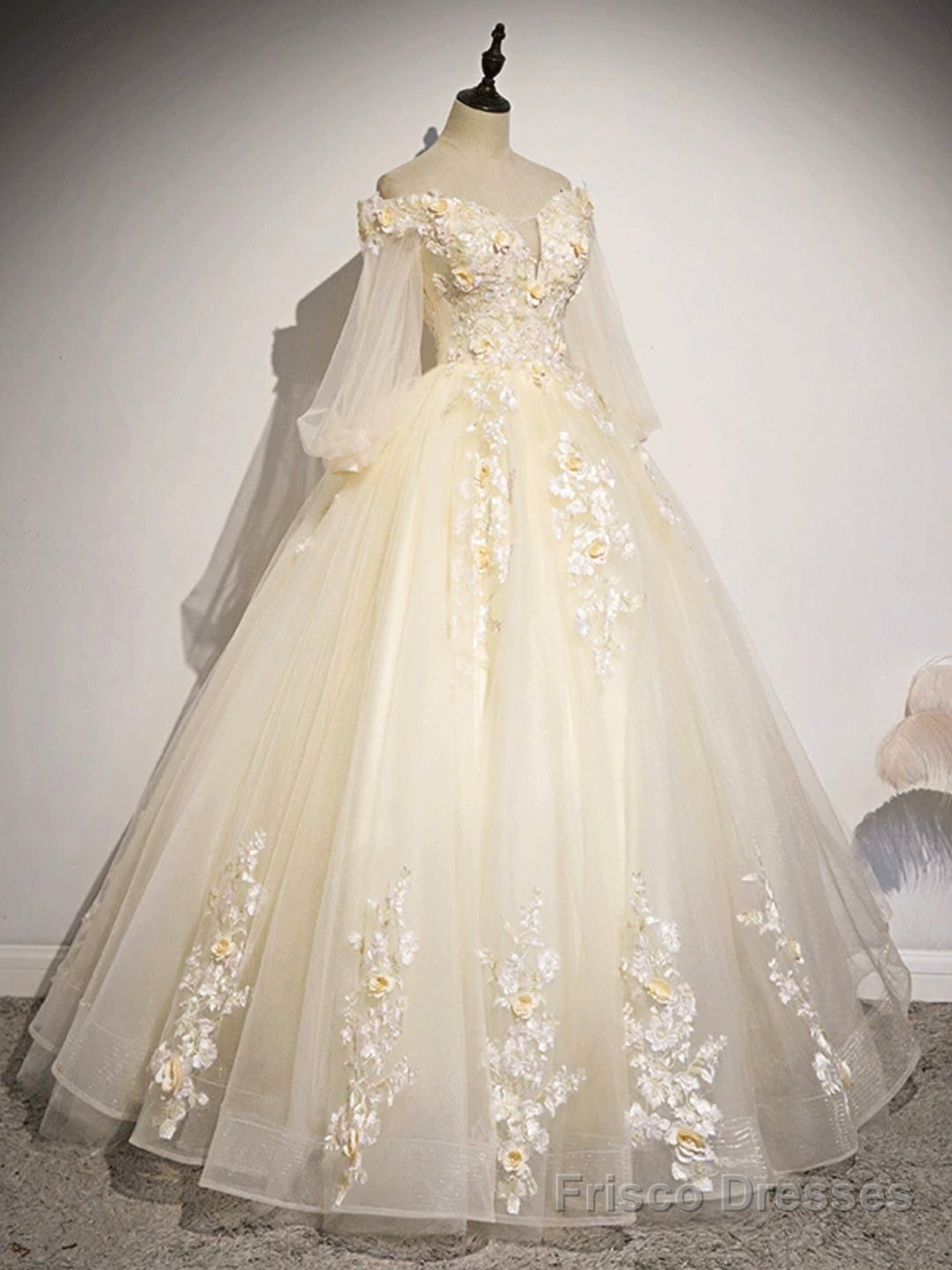 Champagne Tulle Lace Long Prom Dress, A-Line Off the Shoulder Long Sleeve Evening Dress Main image