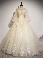 Champagne Tulle Lace Long Prom Dress, A-Line Off the Shoulder Long Sleeve Evening Dress
