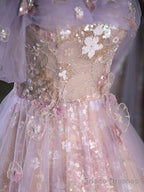 Purple A-Line Off the Shoulder Sequins Prom Dress, Lovely Tulle Corset Floor Length Evening Dress