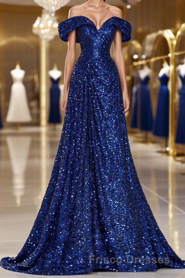 A-Line Evening Gown Elegant Dress Formal Prom Wedding Guest Sweep / Brush Train Sleeveless Off Shoulder Sequined with Glitter Sequin Masquerade Dress Main image