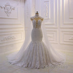 Luxurious 3D Lace Applique High Neck Tulle Mermaid Wedding Dress