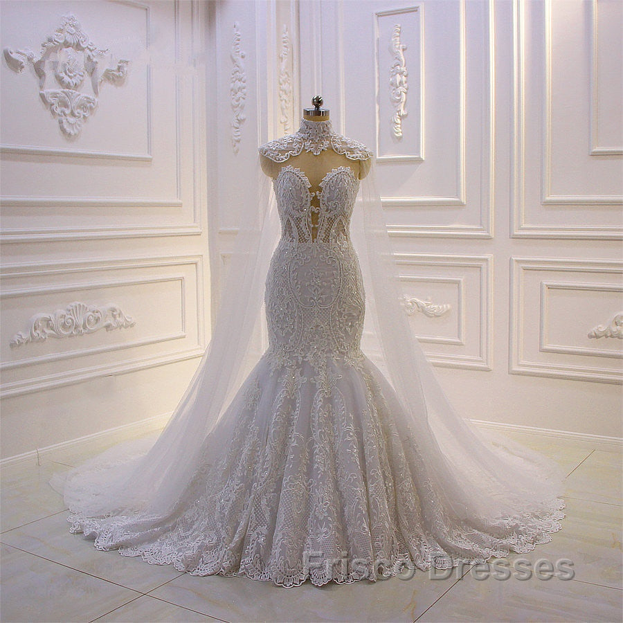 Luxurious 3D Lace Applique High Neck Tulle Mermaid Wedding Dress