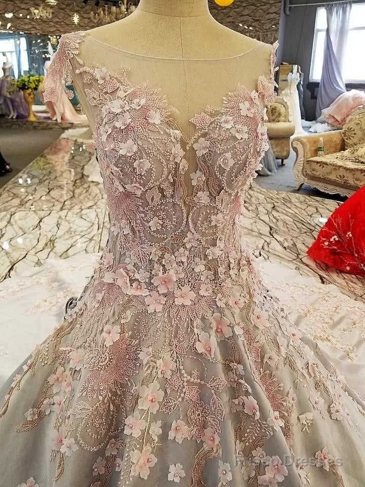 Luxurious 3D Lace Flowers Light Blue Satin Ball Gown Wedding Dresses
