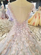 Luxurious 3D Lace Flowers Light Blue Satin Ball Gown Wedding Dresses