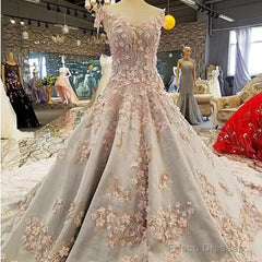 Luxurious 3D Lace Flowers Light Blue Satin Ball Gown Wedding Dresses
