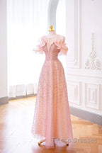 Luxurious A Line Off The Shoulder Pink Tulle Long Formal Prom Dress