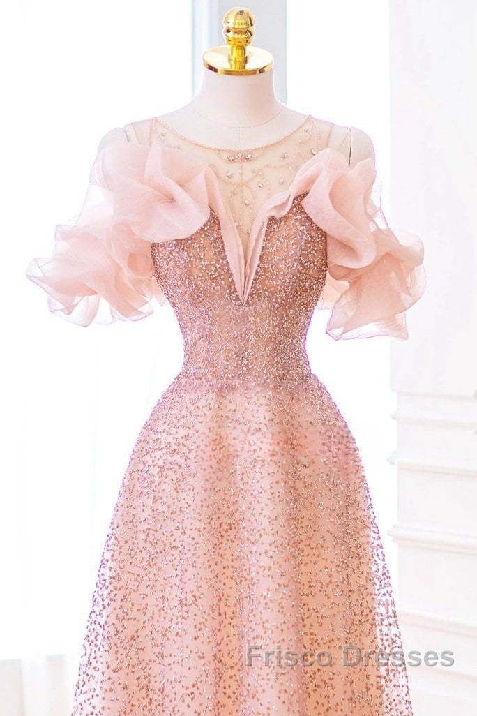 Luxurious A Line Off The Shoulder Pink Tulle Long Formal Prom Dress
