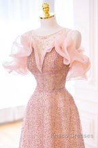 Luxurious A Line Off The Shoulder Pink Tulle Long Formal Prom Dress