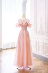 Luxurious A Line Off The Shoulder Pink Tulle Long Prom Dress