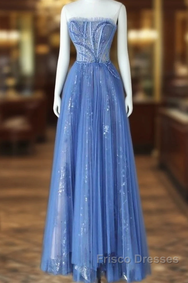 Luxurious A Line Strapless Blue Long Formal Prom Dress