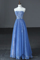 Luxurious A Line Strapless Blue Long Prom Dress