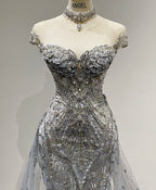 Luxurious And Sparkling Silver Mermaid Off-Shoulder Beaded Train Wedding Dress