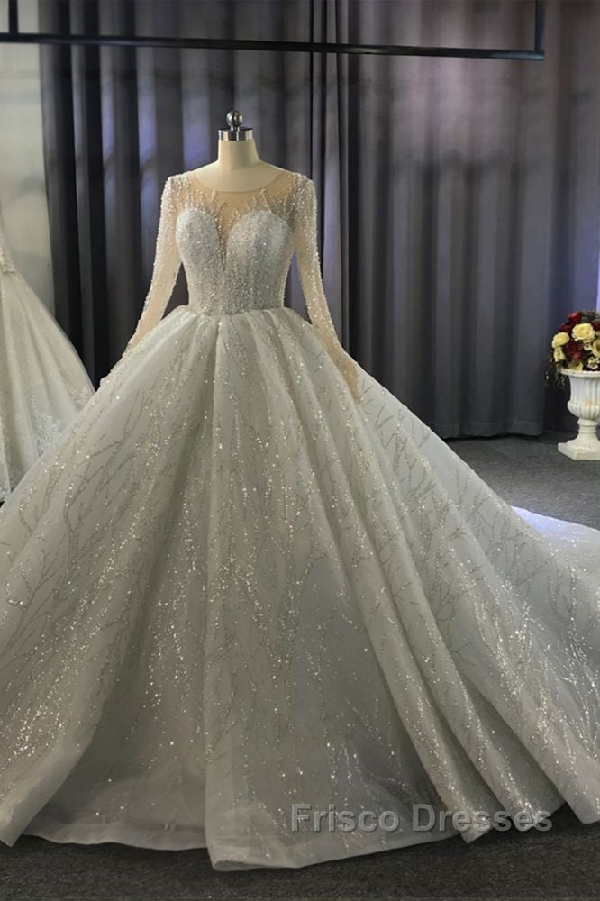 Luxurious Ball Gown Long Sleeves Crystal Beading Wedding Dress A line Classic Secondary image