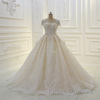 Luxurious Ball Gown Long Sleevess Lace Applqiues Beadings Wedding Dress