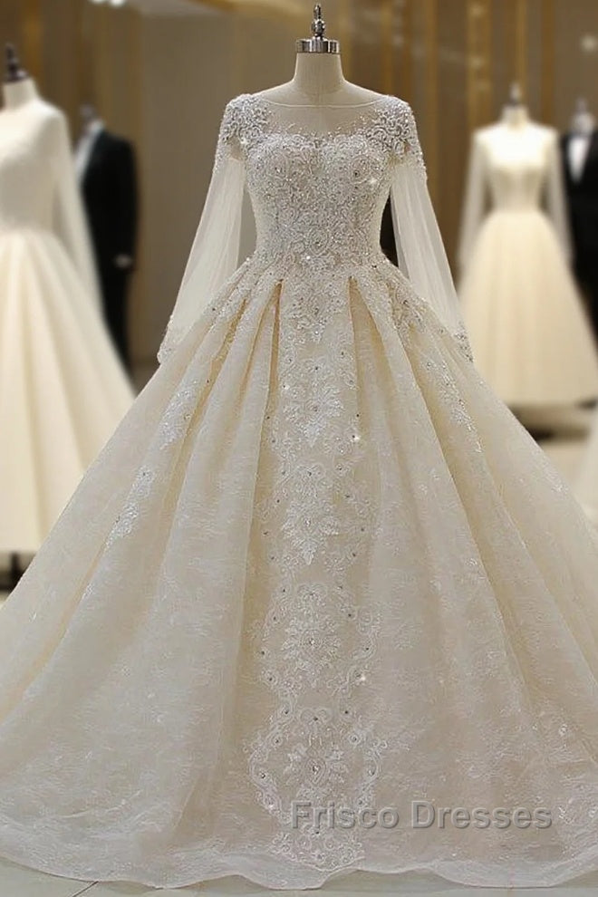Luxurious Ball Gown Long Sleevess Lace Applqiues Beadings Wedding Dress Main image