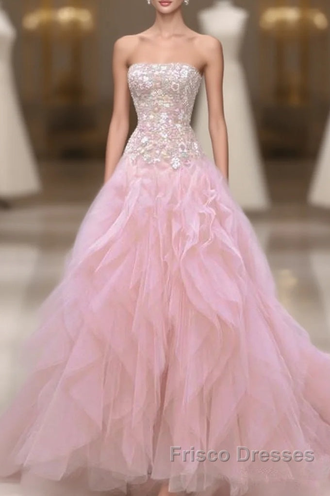 Luxurious Ball Gown Strapless Pink Tulle Long Formal Prom Dress Main image