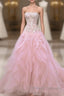 Luxurious Ball Gown Strapless Pink Tulle Long Formal Prom Dress