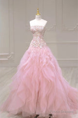 Luxurious Ball Gown Strapless Pink Tulle Long Prom Dress
