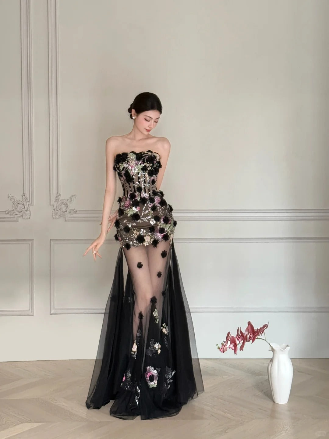 Luxurious Black A-Line 3D Floral Sequin Strapless Tulle Long Prom Dress Evening Dress Secondary image